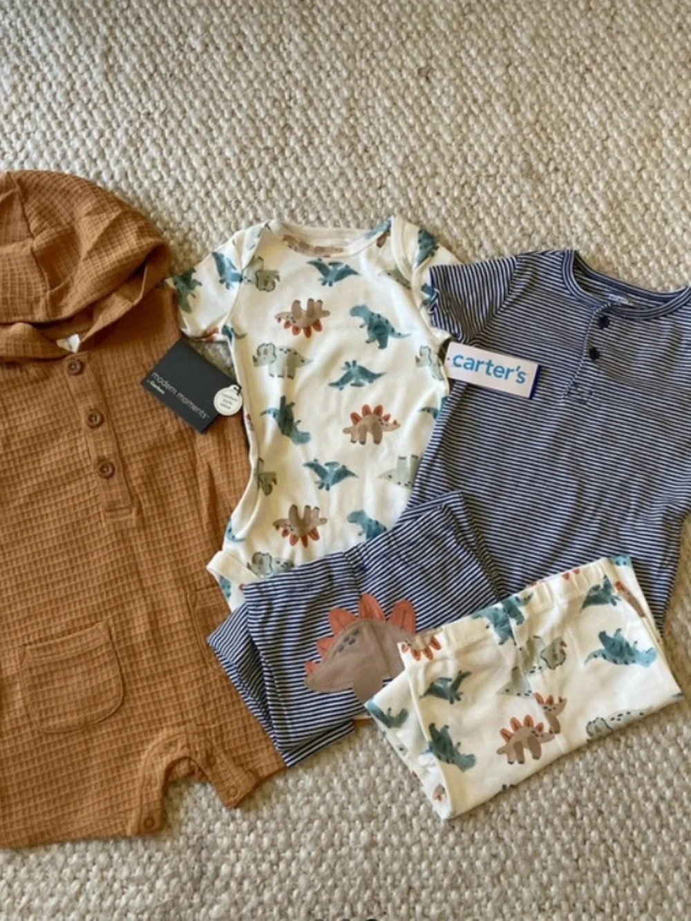 NWT 12M Cotton Dino & Stripe Bodysuit Set with Waffle Hooded Romper